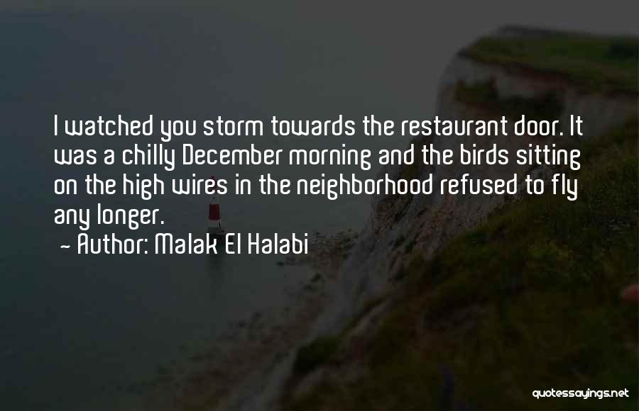 Malak El Halabi Quotes: I Watched You Storm Towards The Restaurant Door. It Was A Chilly December Morning And The Birds Sitting On The