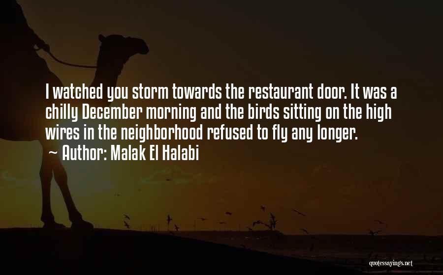 Malak El Halabi Quotes: I Watched You Storm Towards The Restaurant Door. It Was A Chilly December Morning And The Birds Sitting On The