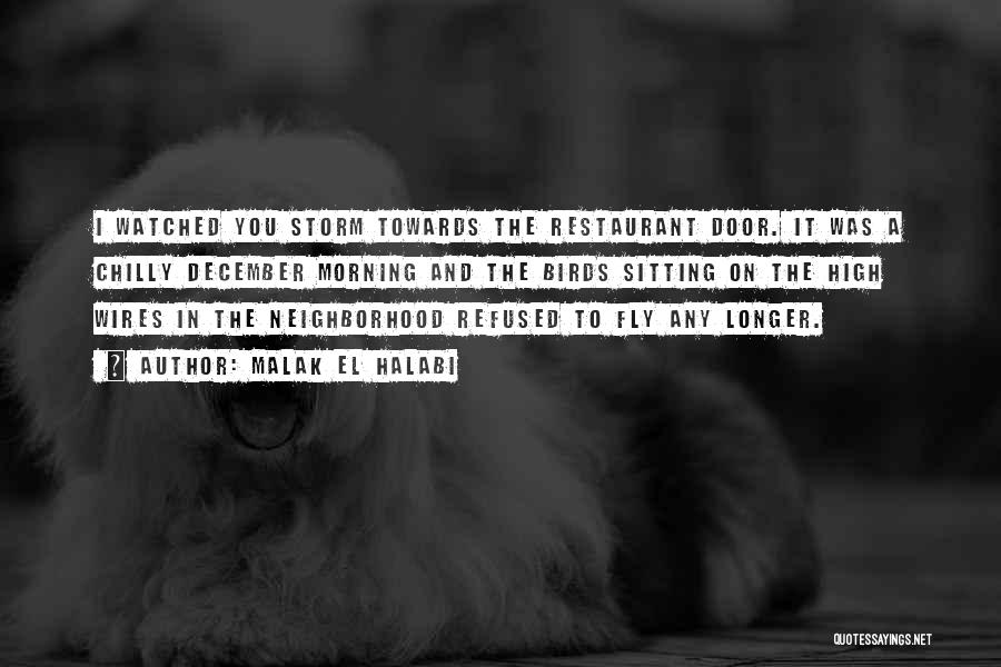 Malak El Halabi Quotes: I Watched You Storm Towards The Restaurant Door. It Was A Chilly December Morning And The Birds Sitting On The