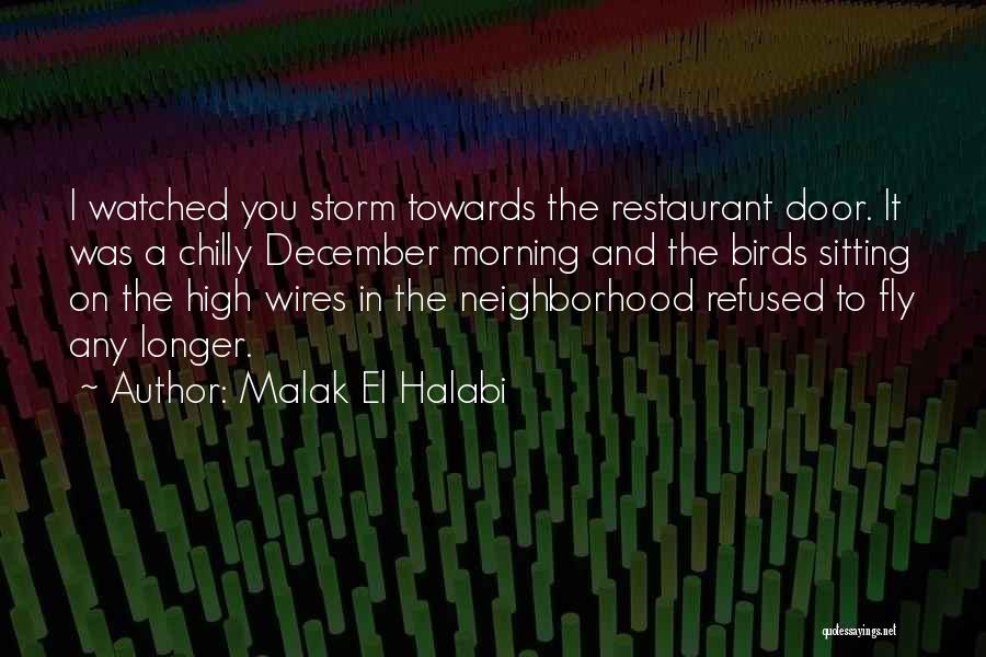 Malak El Halabi Quotes: I Watched You Storm Towards The Restaurant Door. It Was A Chilly December Morning And The Birds Sitting On The