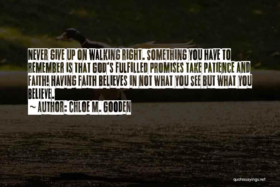 Chloe M. Gooden Quotes: Never Give Up On Walking Right. Something You Have To Remember Is That God's Fulfilled Promises Take Patience And Faith!