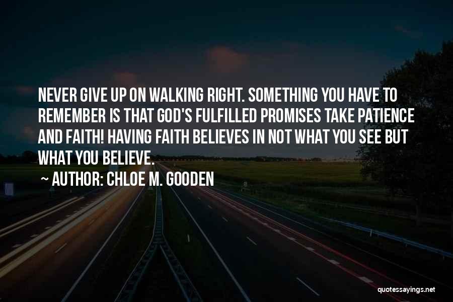 Chloe M. Gooden Quotes: Never Give Up On Walking Right. Something You Have To Remember Is That God's Fulfilled Promises Take Patience And Faith!