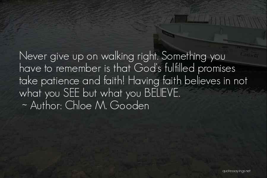 Chloe M. Gooden Quotes: Never Give Up On Walking Right. Something You Have To Remember Is That God's Fulfilled Promises Take Patience And Faith!
