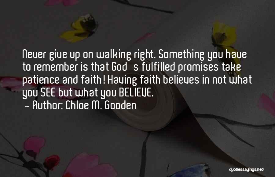 Chloe M. Gooden Quotes: Never Give Up On Walking Right. Something You Have To Remember Is That God's Fulfilled Promises Take Patience And Faith!