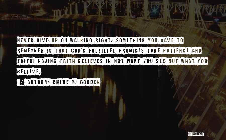 Chloe M. Gooden Quotes: Never Give Up On Walking Right. Something You Have To Remember Is That God's Fulfilled Promises Take Patience And Faith!