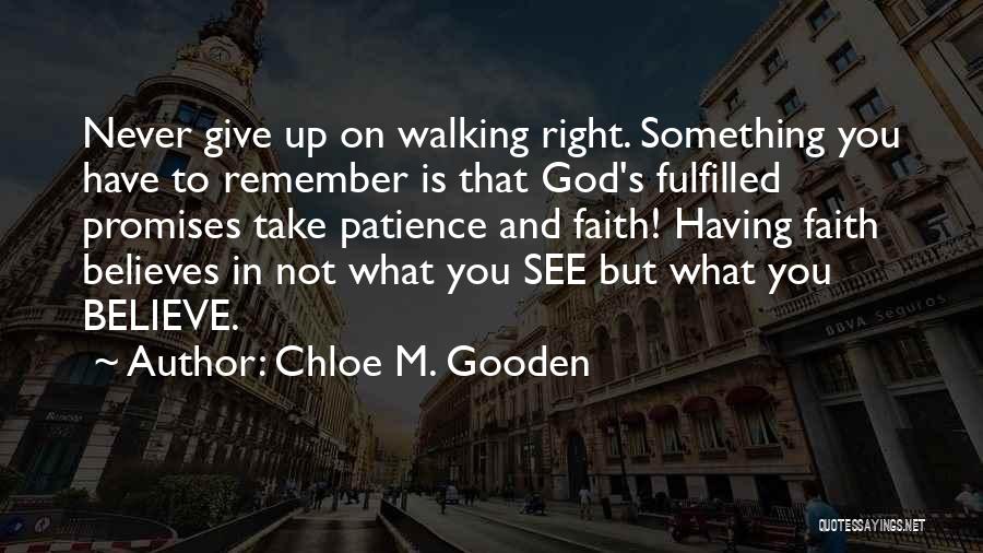 Chloe M. Gooden Quotes: Never Give Up On Walking Right. Something You Have To Remember Is That God's Fulfilled Promises Take Patience And Faith!