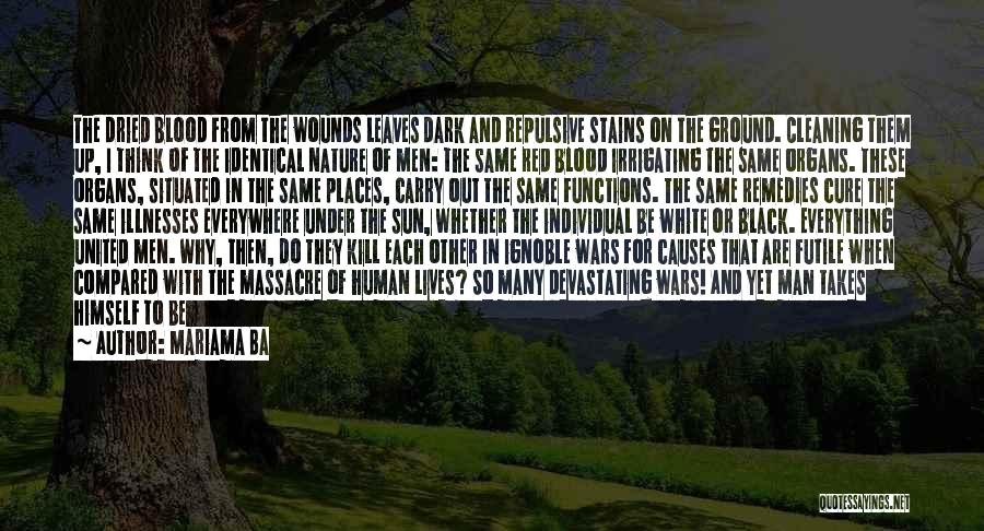 Mariama Ba Quotes: The Dried Blood From The Wounds Leaves Dark And Repulsive Stains On The Ground. Cleaning Them Up, I Think Of