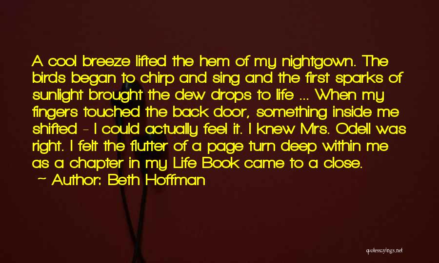 Beth Hoffman Quotes: A Cool Breeze Lifted The Hem Of My Nightgown. The Birds Began To Chirp And Sing And The First Sparks