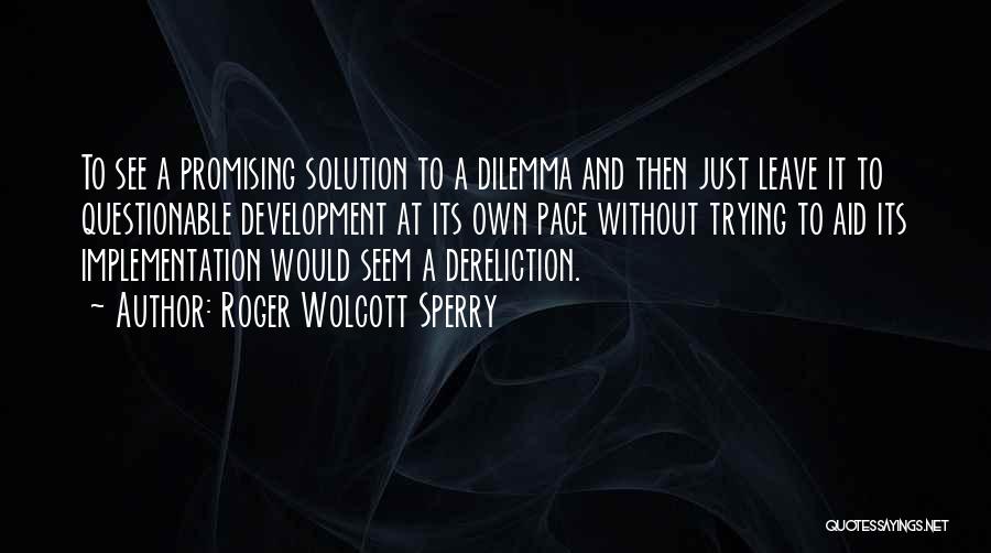 Roger Wolcott Sperry Quotes: To See A Promising Solution To A Dilemma And Then Just Leave It To Questionable Development At Its Own Pace
