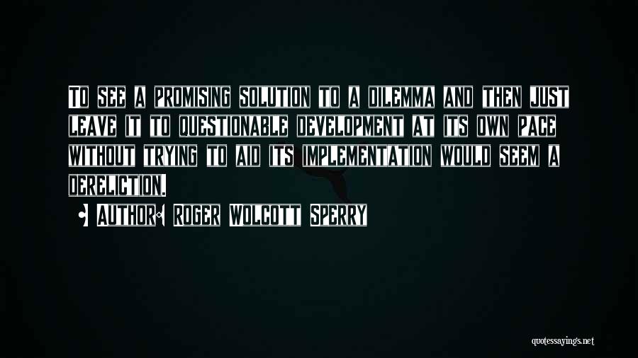 Roger Wolcott Sperry Quotes: To See A Promising Solution To A Dilemma And Then Just Leave It To Questionable Development At Its Own Pace