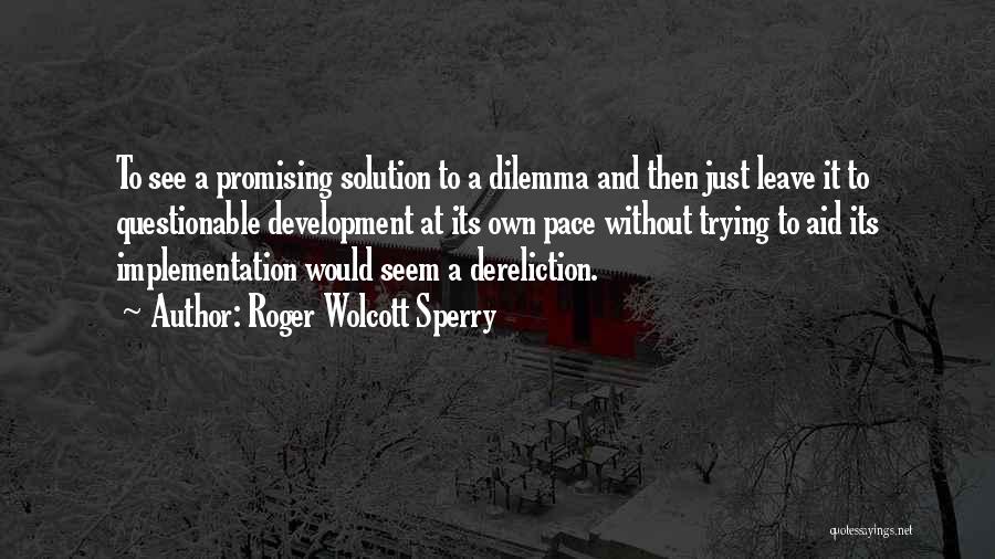 Roger Wolcott Sperry Quotes: To See A Promising Solution To A Dilemma And Then Just Leave It To Questionable Development At Its Own Pace