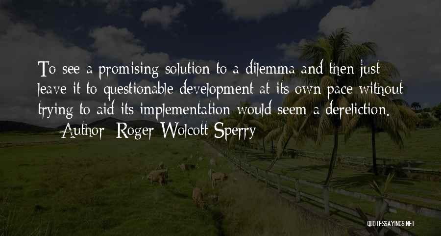 Roger Wolcott Sperry Quotes: To See A Promising Solution To A Dilemma And Then Just Leave It To Questionable Development At Its Own Pace