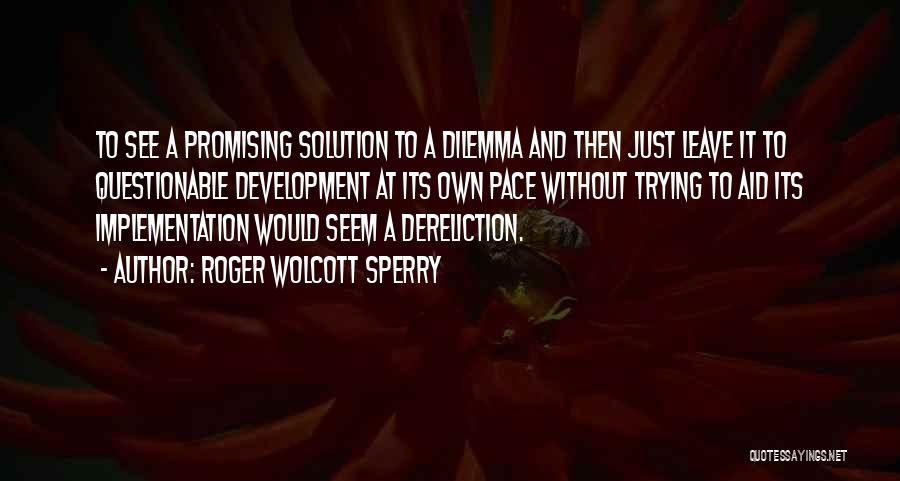 Roger Wolcott Sperry Quotes: To See A Promising Solution To A Dilemma And Then Just Leave It To Questionable Development At Its Own Pace