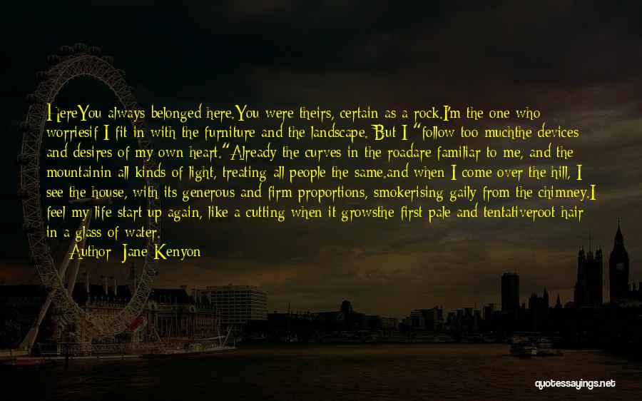 Jane Kenyon Quotes: Hereyou Always Belonged Here.you Were Theirs, Certain As A Rock.i'm The One Who Worriesif I Fit In With The Furniture