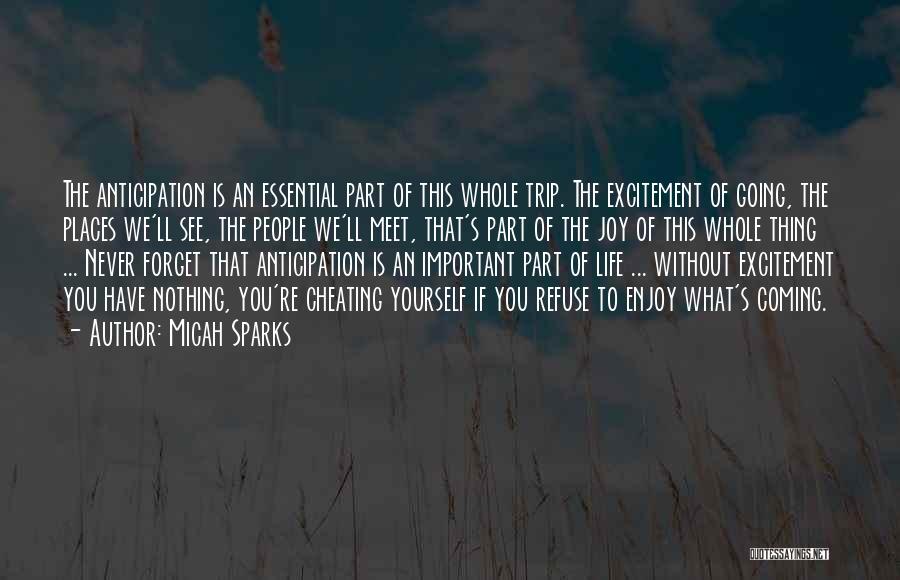 Micah Sparks Quotes: The Anticipation Is An Essential Part Of This Whole Trip. The Excitement Of Going, The Places We'll See, The People