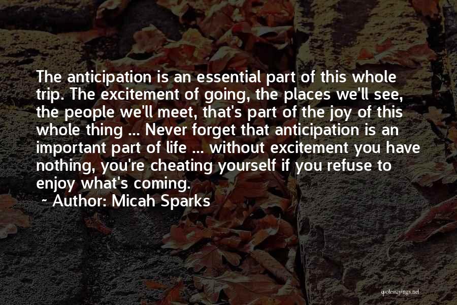 Micah Sparks Quotes: The Anticipation Is An Essential Part Of This Whole Trip. The Excitement Of Going, The Places We'll See, The People