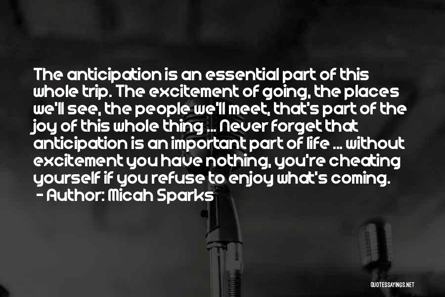 Micah Sparks Quotes: The Anticipation Is An Essential Part Of This Whole Trip. The Excitement Of Going, The Places We'll See, The People