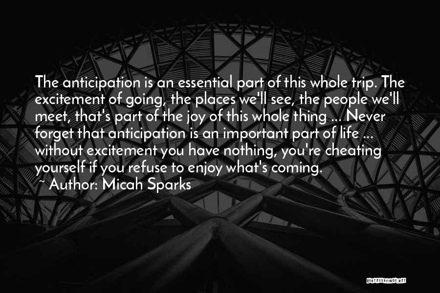Micah Sparks Quotes: The Anticipation Is An Essential Part Of This Whole Trip. The Excitement Of Going, The Places We'll See, The People