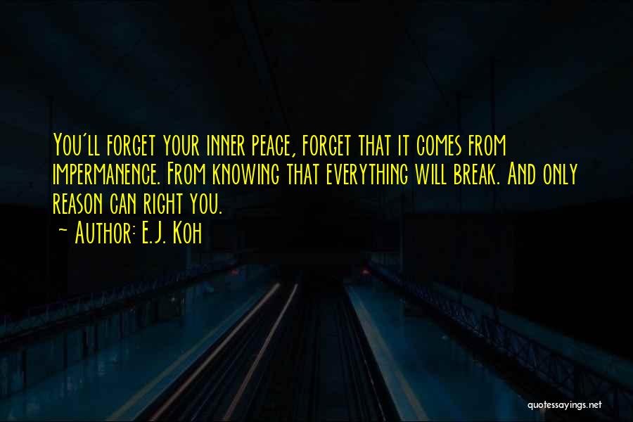 E.J. Koh Quotes: You'll Forget Your Inner Peace, Forget That It Comes From Impermanence. From Knowing That Everything Will Break. And Only Reason