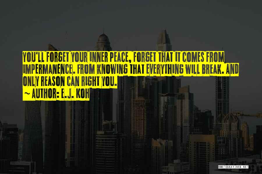 E.J. Koh Quotes: You'll Forget Your Inner Peace, Forget That It Comes From Impermanence. From Knowing That Everything Will Break. And Only Reason