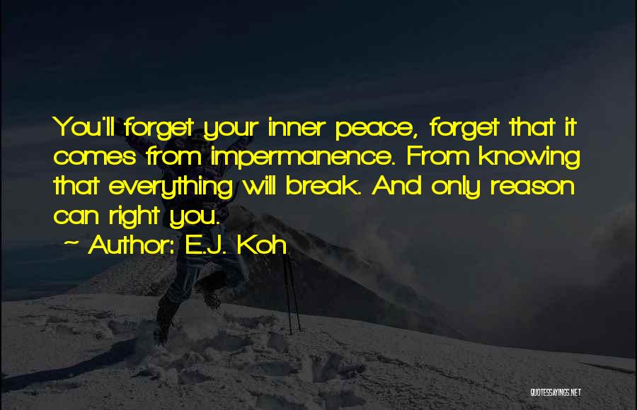 E.J. Koh Quotes: You'll Forget Your Inner Peace, Forget That It Comes From Impermanence. From Knowing That Everything Will Break. And Only Reason