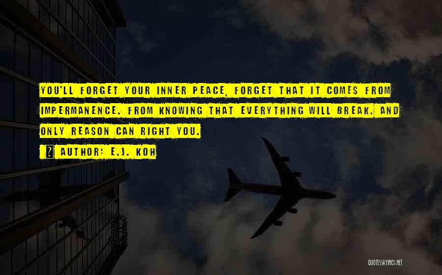 E.J. Koh Quotes: You'll Forget Your Inner Peace, Forget That It Comes From Impermanence. From Knowing That Everything Will Break. And Only Reason