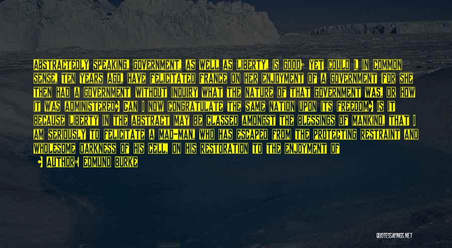 Edmund Burke Quotes: Abstractedly Speaking, Government, As Well As Liberty, Is Good; Yet Could I, In Common Sense, Ten Years Ago, Have Felicitated