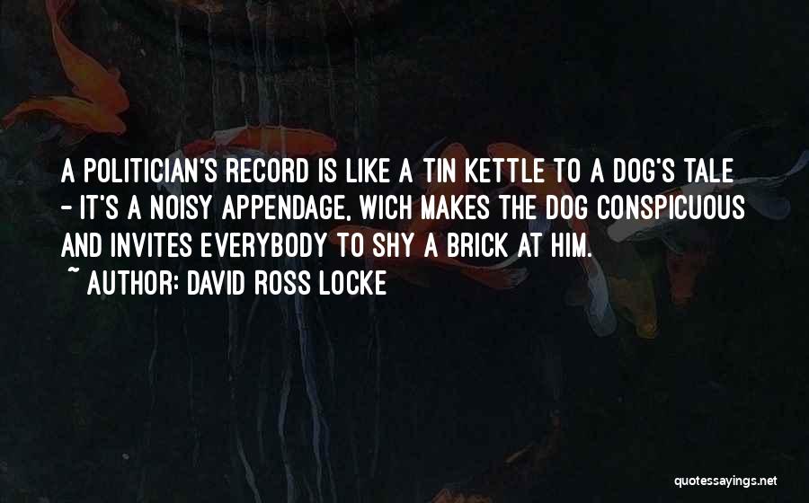 David Ross Locke Quotes: A Politician's Record Is Like A Tin Kettle To A Dog's Tale - It's A Noisy Appendage, Wich Makes The