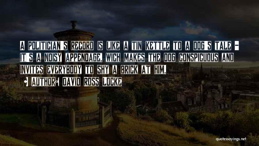 David Ross Locke Quotes: A Politician's Record Is Like A Tin Kettle To A Dog's Tale - It's A Noisy Appendage, Wich Makes The