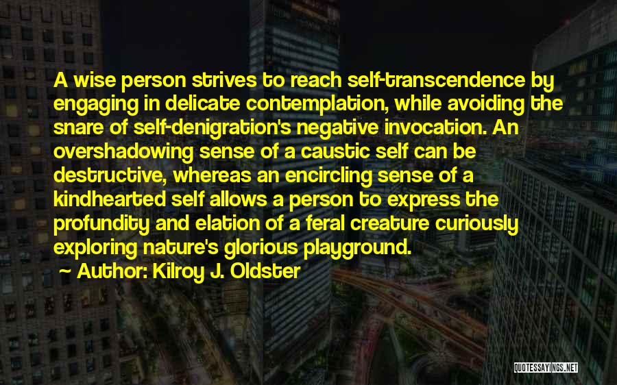 Kilroy J. Oldster Quotes: A Wise Person Strives To Reach Self-transcendence By Engaging In Delicate Contemplation, While Avoiding The Snare Of Self-denigration's Negative Invocation.