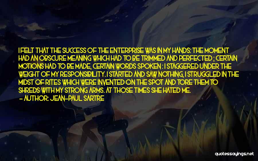 Jean-Paul Sartre Quotes: I Felt That The Success Of The Enterprise Was In My Hands: The Moment Had An Obscure Meaning Which Had