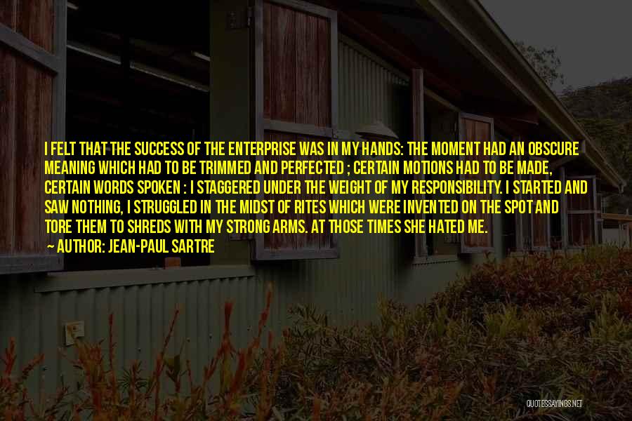 Jean-Paul Sartre Quotes: I Felt That The Success Of The Enterprise Was In My Hands: The Moment Had An Obscure Meaning Which Had