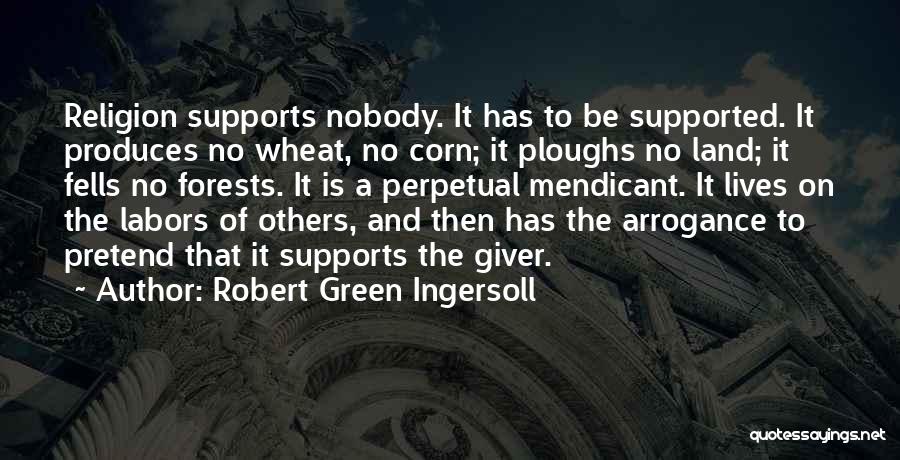 Robert Green Ingersoll Quotes: Religion Supports Nobody. It Has To Be Supported. It Produces No Wheat, No Corn; It Ploughs No Land; It Fells