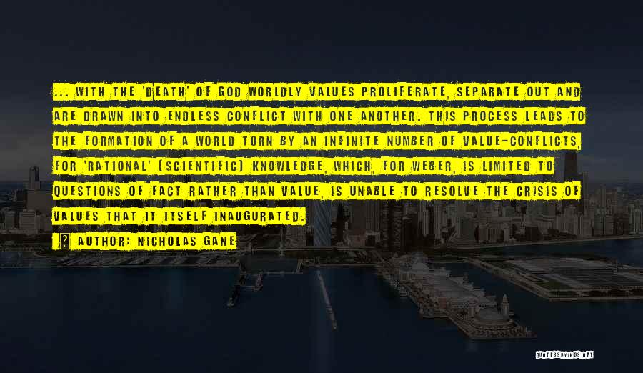 Nicholas Gane Quotes: ... With The 'death' Of God Worldly Values Proliferate, Separate Out And Are Drawn Into Endless Conflict With One Another.