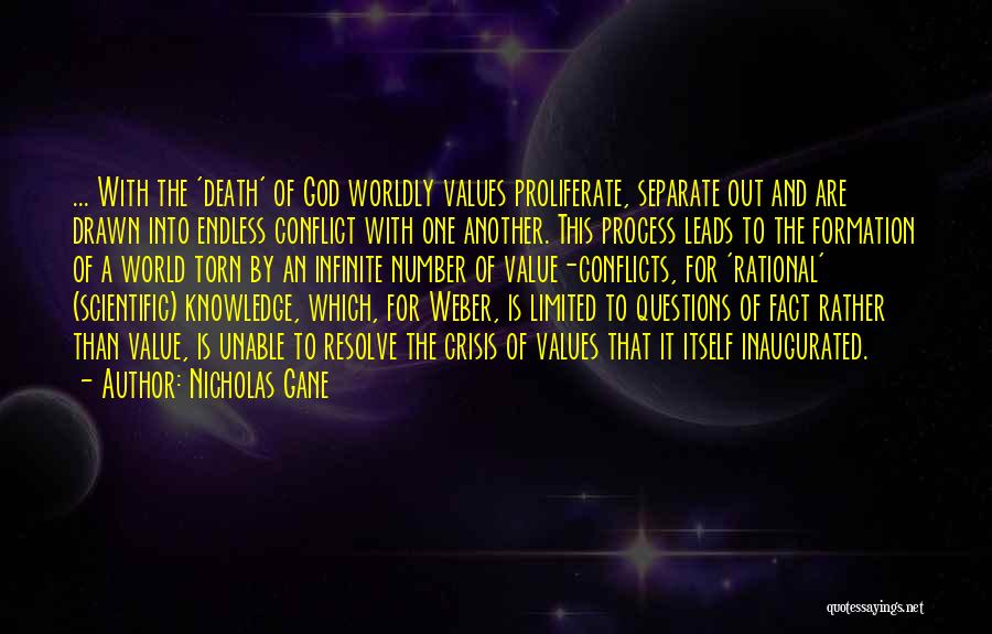 Nicholas Gane Quotes: ... With The 'death' Of God Worldly Values Proliferate, Separate Out And Are Drawn Into Endless Conflict With One Another.