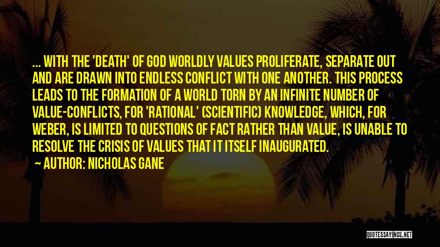 Nicholas Gane Quotes: ... With The 'death' Of God Worldly Values Proliferate, Separate Out And Are Drawn Into Endless Conflict With One Another.