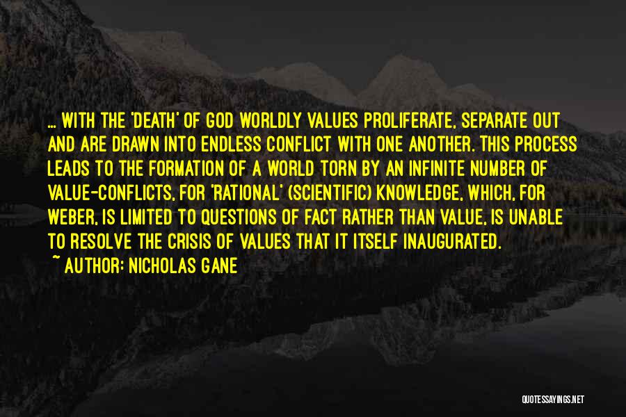 Nicholas Gane Quotes: ... With The 'death' Of God Worldly Values Proliferate, Separate Out And Are Drawn Into Endless Conflict With One Another.