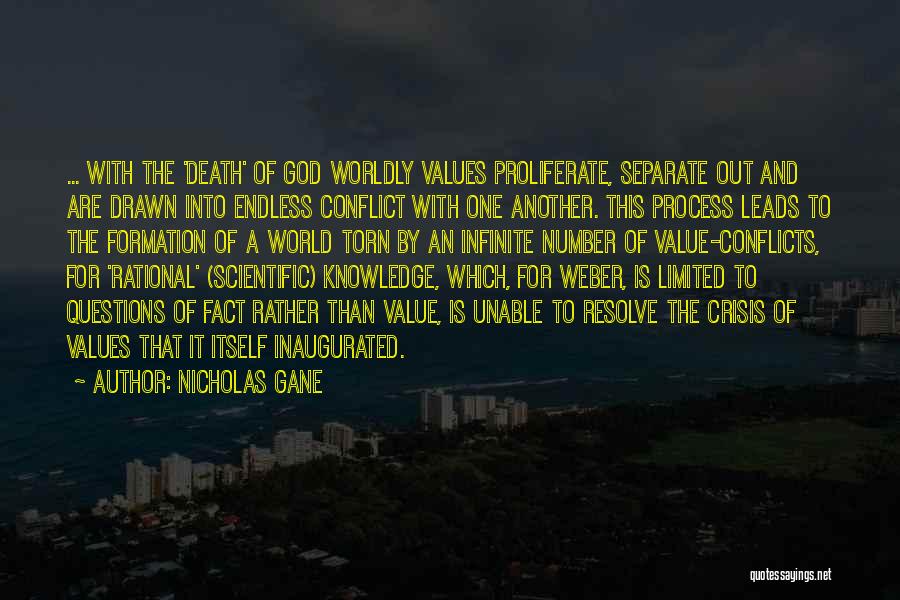 Nicholas Gane Quotes: ... With The 'death' Of God Worldly Values Proliferate, Separate Out And Are Drawn Into Endless Conflict With One Another.