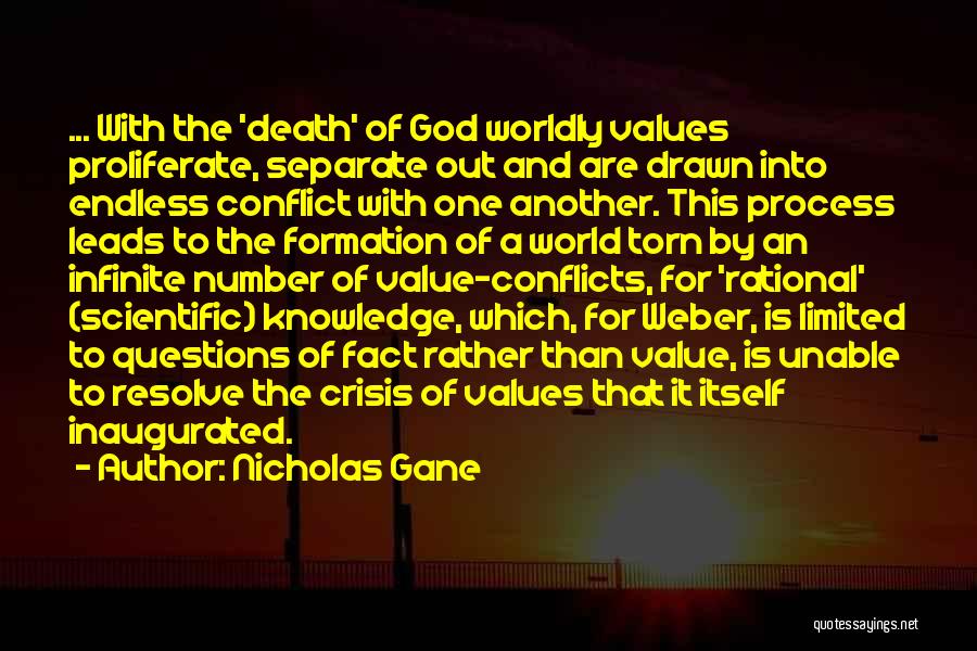 Nicholas Gane Quotes: ... With The 'death' Of God Worldly Values Proliferate, Separate Out And Are Drawn Into Endless Conflict With One Another.