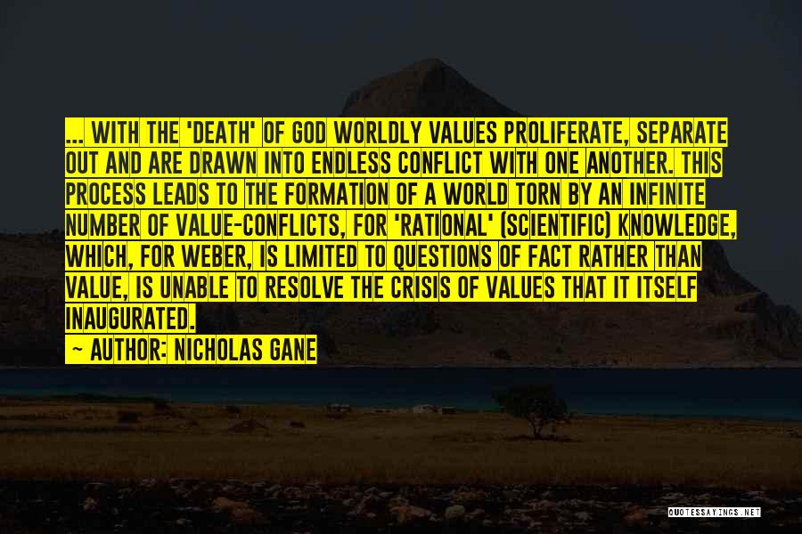 Nicholas Gane Quotes: ... With The 'death' Of God Worldly Values Proliferate, Separate Out And Are Drawn Into Endless Conflict With One Another.