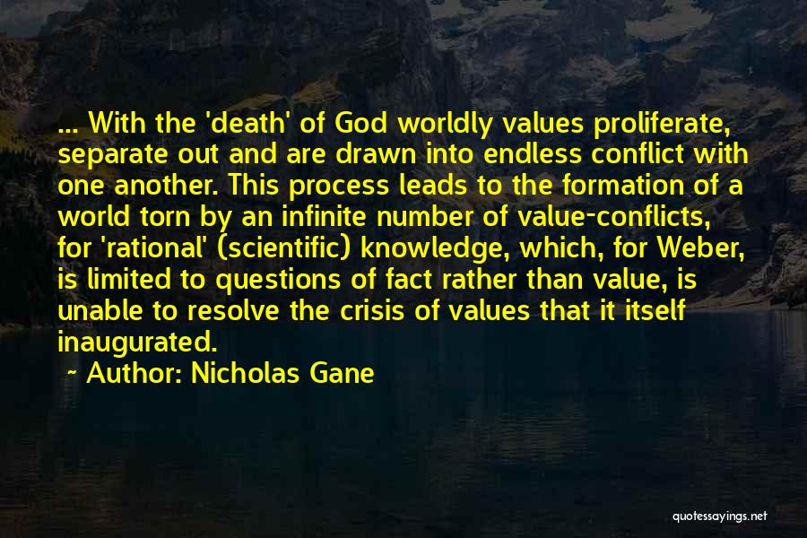 Nicholas Gane Quotes: ... With The 'death' Of God Worldly Values Proliferate, Separate Out And Are Drawn Into Endless Conflict With One Another.
