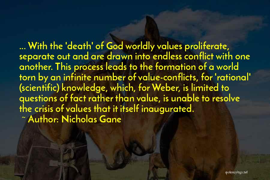 Nicholas Gane Quotes: ... With The 'death' Of God Worldly Values Proliferate, Separate Out And Are Drawn Into Endless Conflict With One Another.