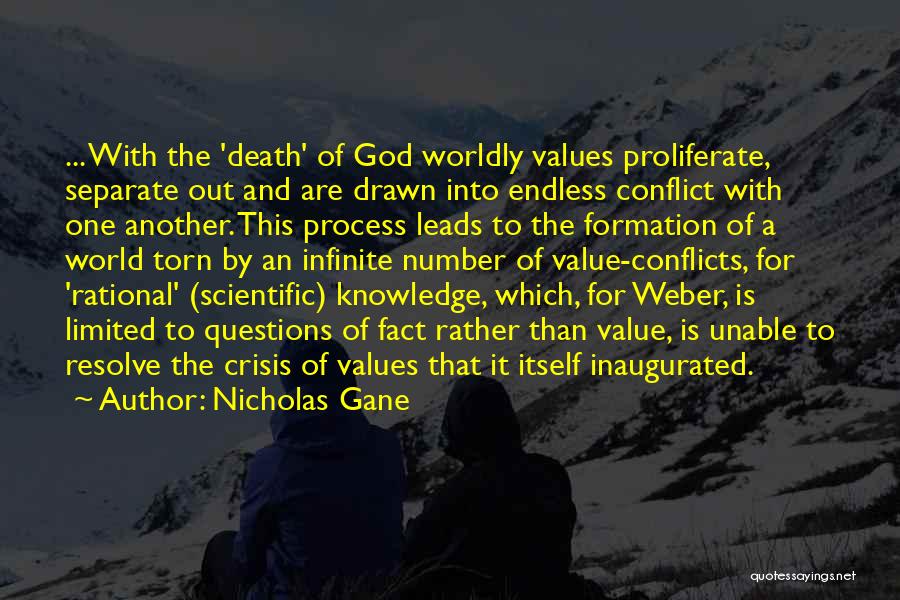 Nicholas Gane Quotes: ... With The 'death' Of God Worldly Values Proliferate, Separate Out And Are Drawn Into Endless Conflict With One Another.