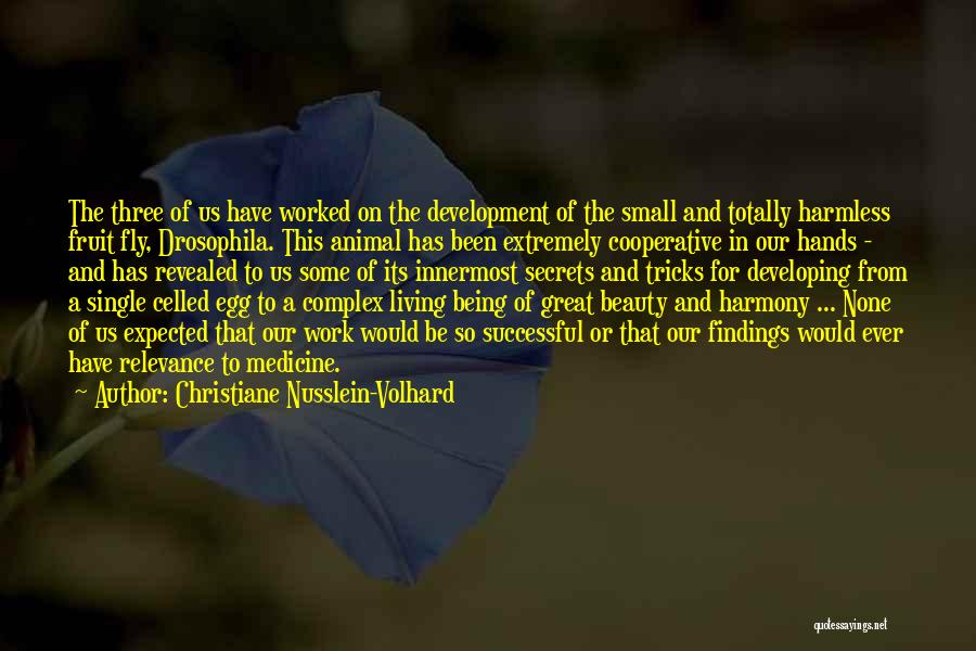 Christiane Nusslein-Volhard Quotes: The Three Of Us Have Worked On The Development Of The Small And Totally Harmless Fruit Fly, Drosophila. This Animal