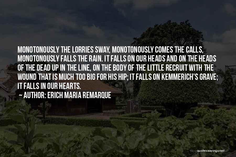 Erich Maria Remarque Quotes: Monotonously The Lorries Sway, Monotonously Comes The Calls, Monotonously Falls The Rain. It Falls On Our Heads And On The