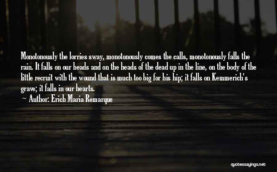 Erich Maria Remarque Quotes: Monotonously The Lorries Sway, Monotonously Comes The Calls, Monotonously Falls The Rain. It Falls On Our Heads And On The