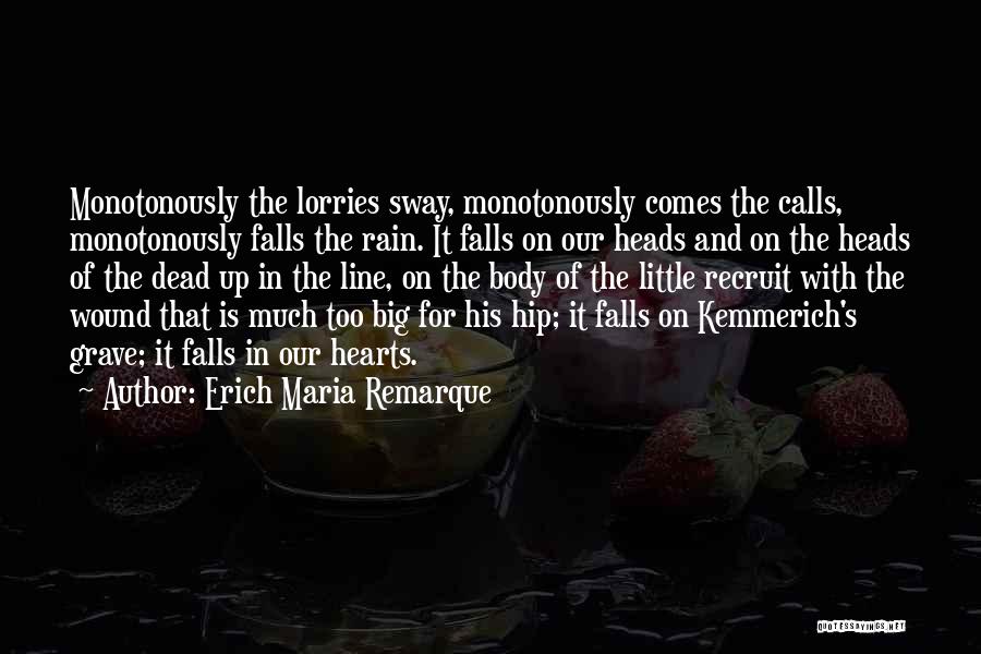 Erich Maria Remarque Quotes: Monotonously The Lorries Sway, Monotonously Comes The Calls, Monotonously Falls The Rain. It Falls On Our Heads And On The