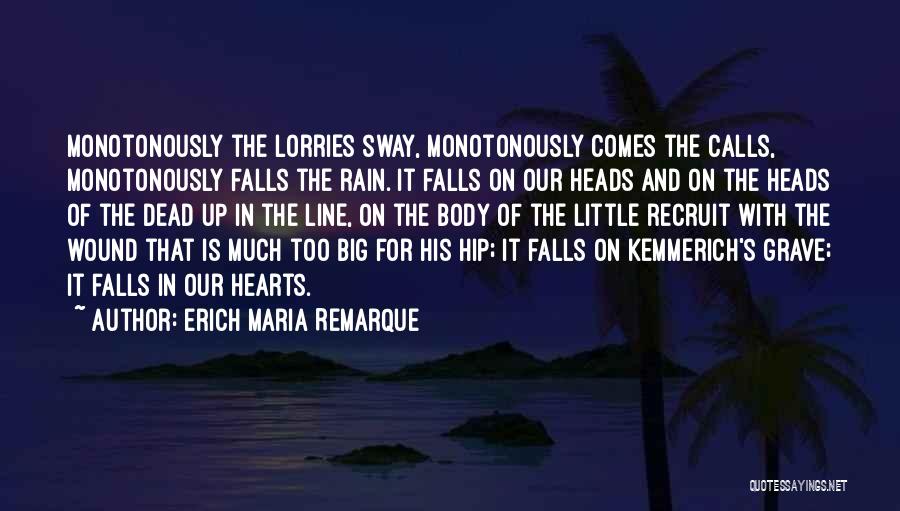 Erich Maria Remarque Quotes: Monotonously The Lorries Sway, Monotonously Comes The Calls, Monotonously Falls The Rain. It Falls On Our Heads And On The