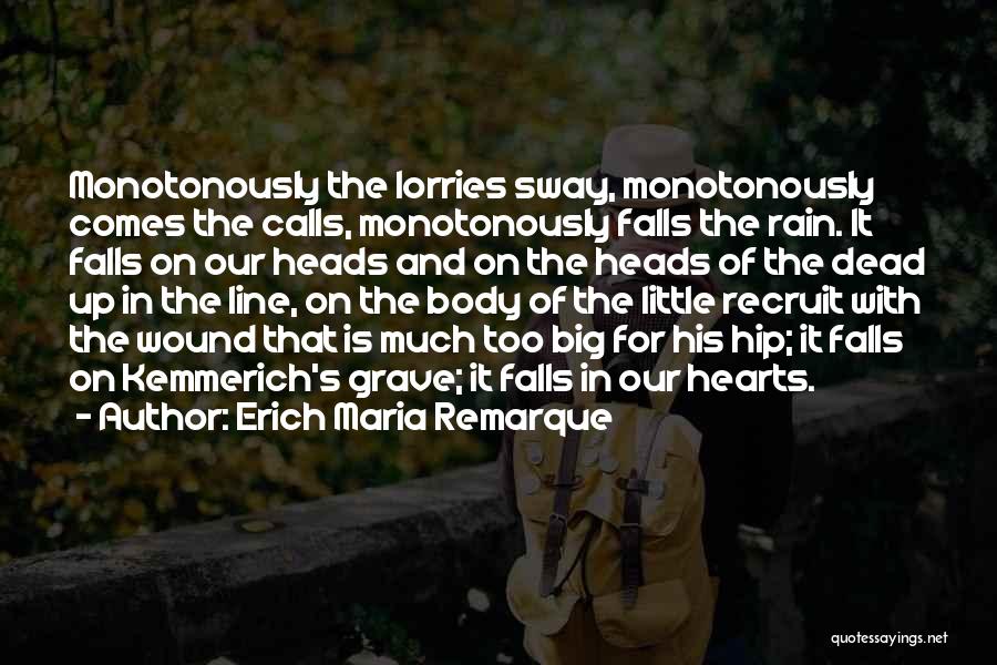 Erich Maria Remarque Quotes: Monotonously The Lorries Sway, Monotonously Comes The Calls, Monotonously Falls The Rain. It Falls On Our Heads And On The