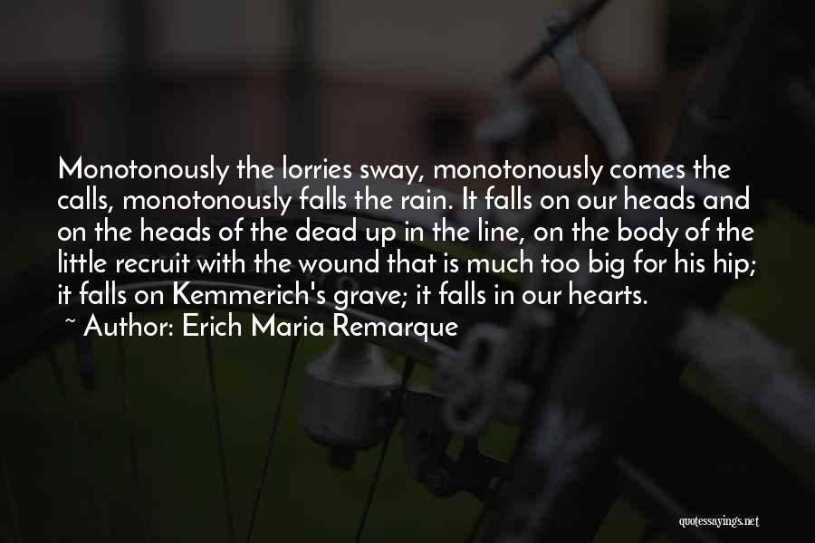 Erich Maria Remarque Quotes: Monotonously The Lorries Sway, Monotonously Comes The Calls, Monotonously Falls The Rain. It Falls On Our Heads And On The